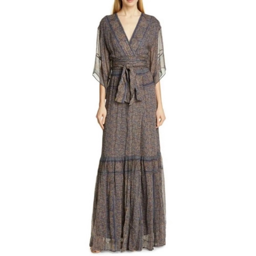 ba&sh Maya Kimono Floral Parsley Print Maxi Lady Dress Gris Women's Size 6